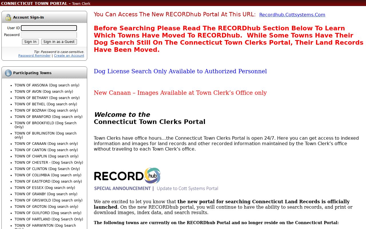 New London County previous residents town-clerk land-record portal login